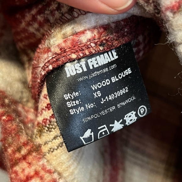 Just Female Plaid Wood Blouse Wool Blend Mock Neck - Picture 5 of 11